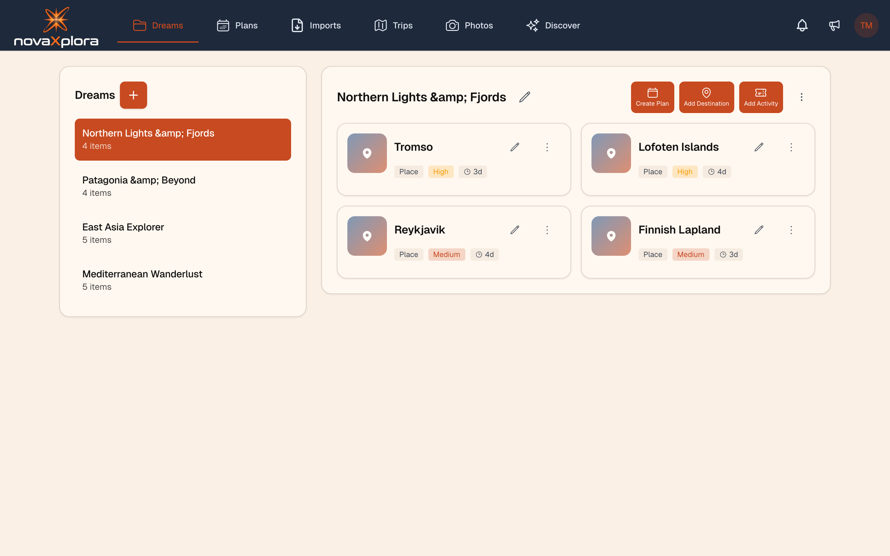 Dreams overview showing themed destination collections