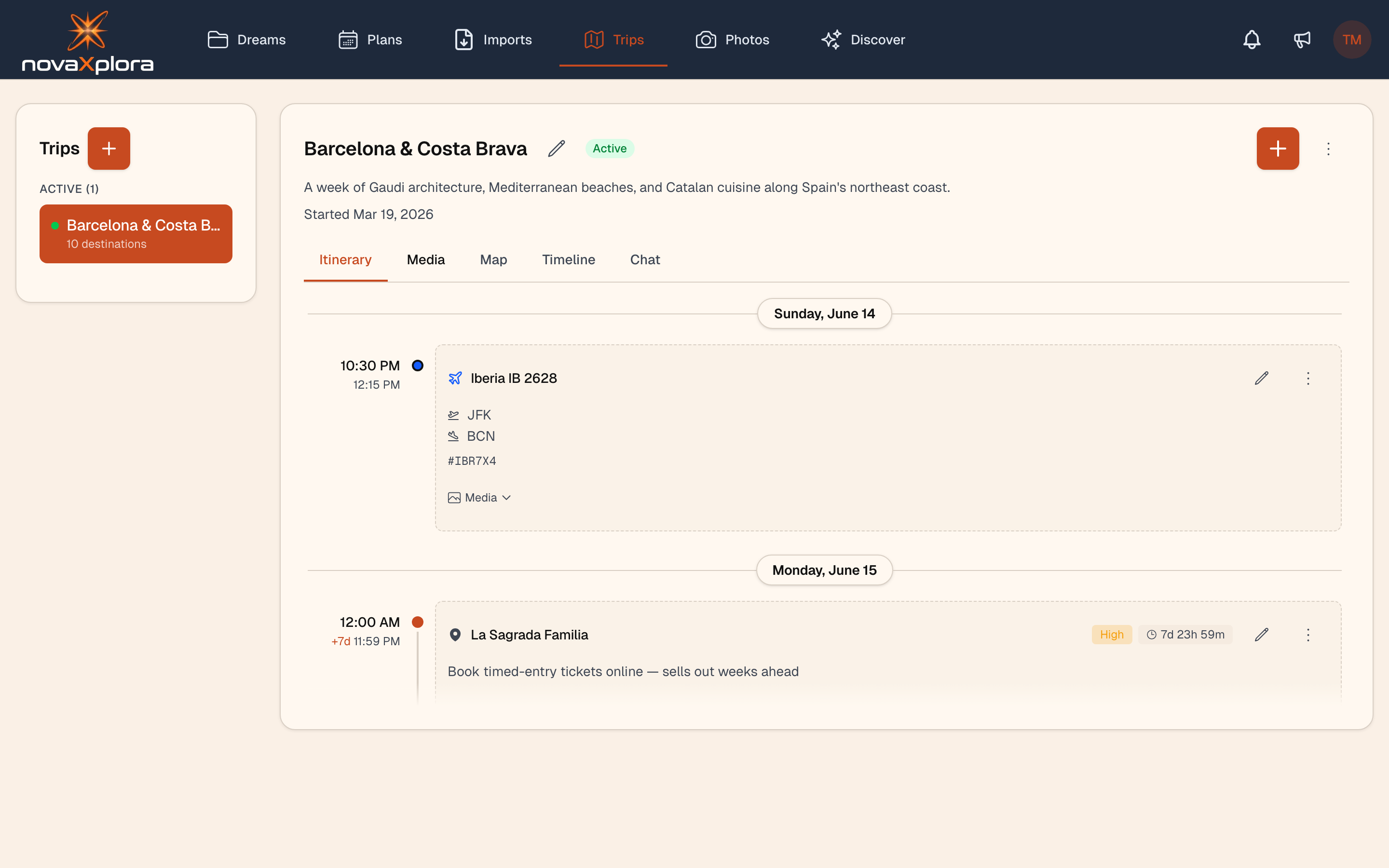 Trip view showing an active trip with destinations and travel details